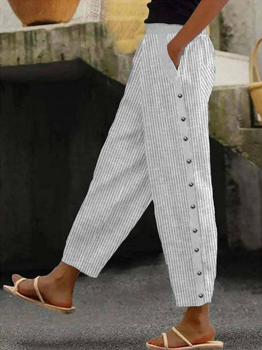 Linaya - Pantalons Rayés à Boutons
